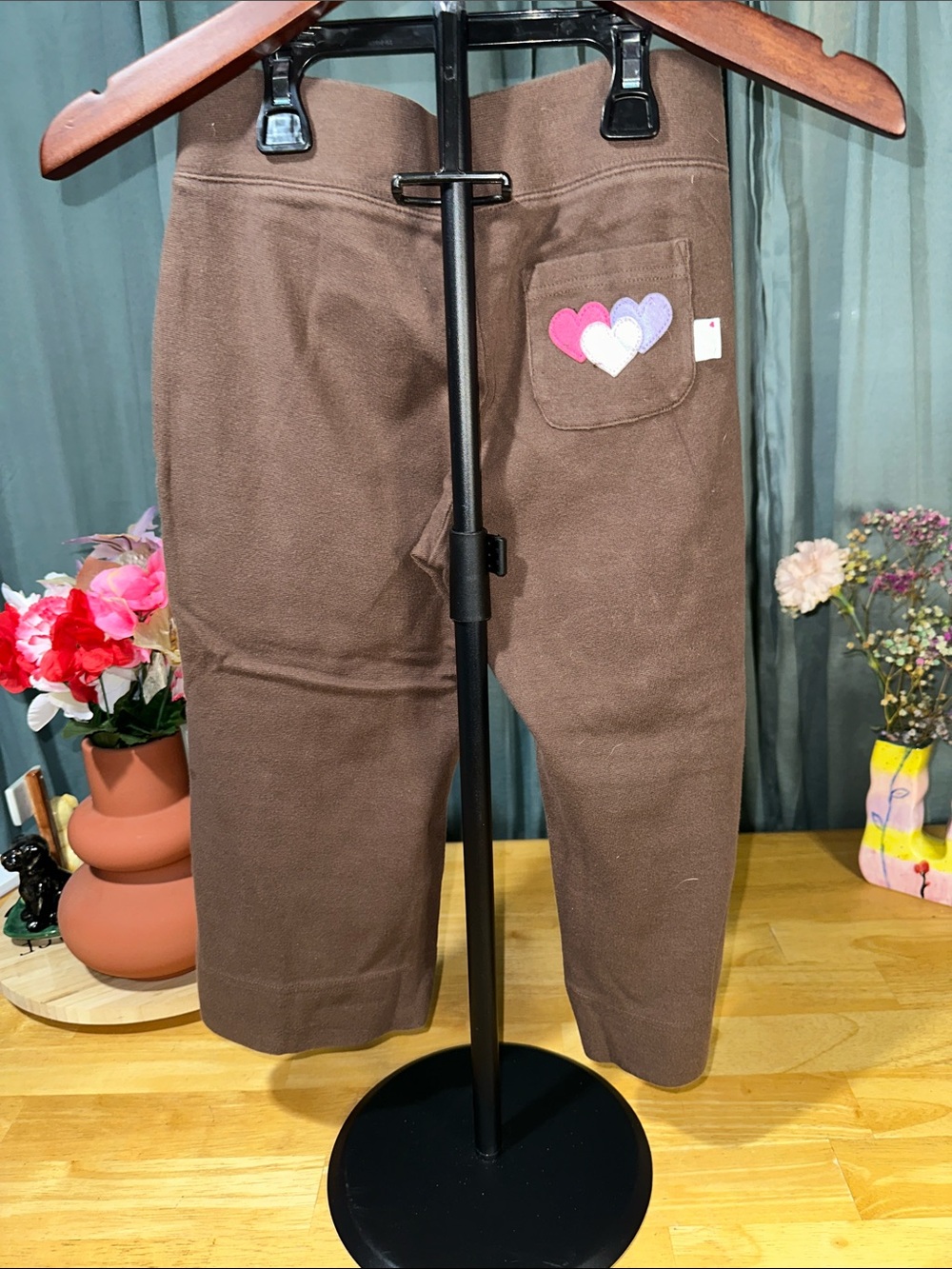 GAP Brown Capri Sweatpants with Pink & Purple Heart Patch